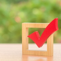 red wooden checkmark for voting on elections