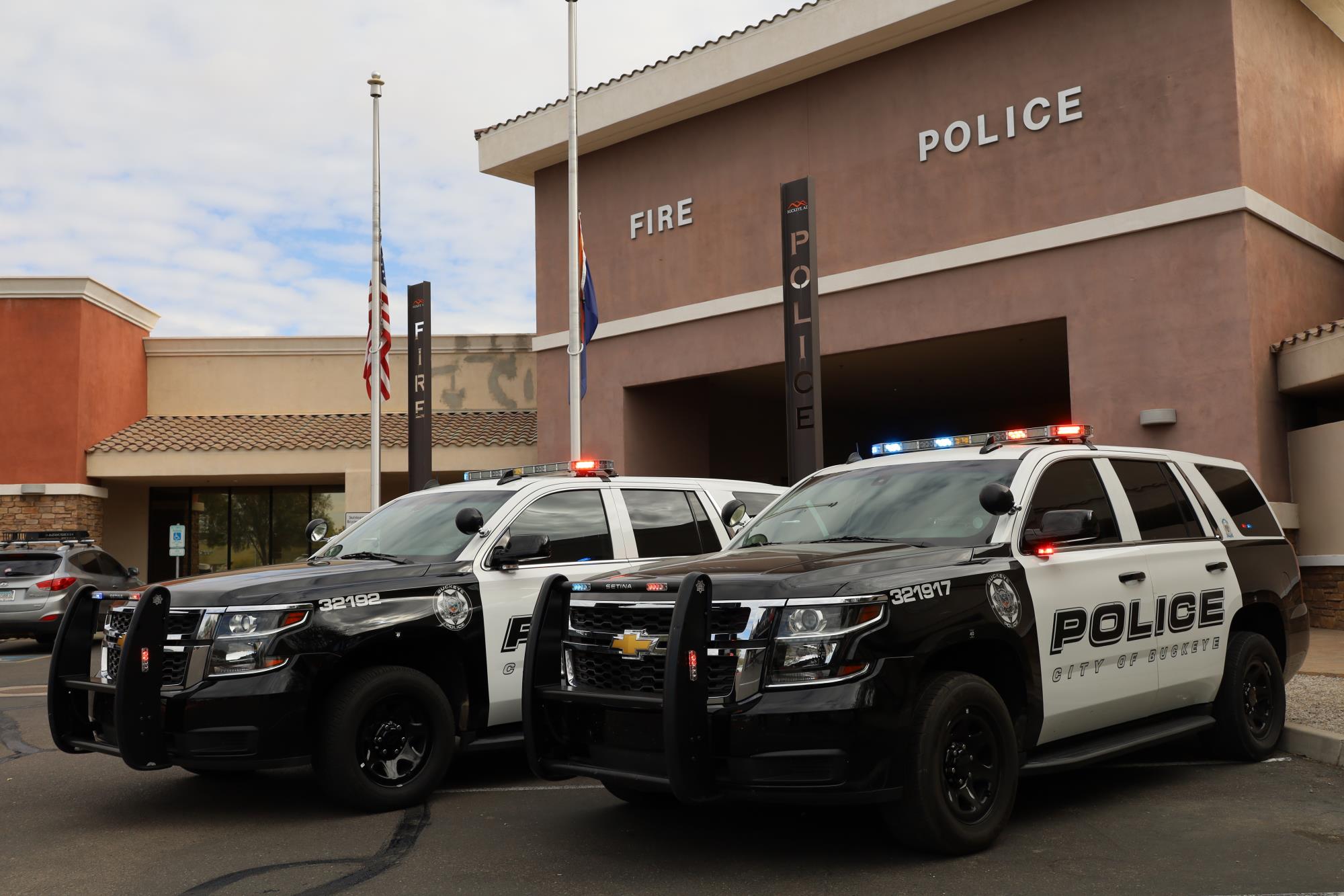 Police cruisers in front of PD and Fire headquarters