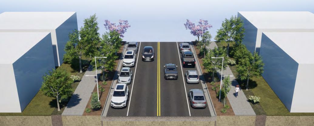 Monroe Rendering with 2 lanes of traffic and sidewalks