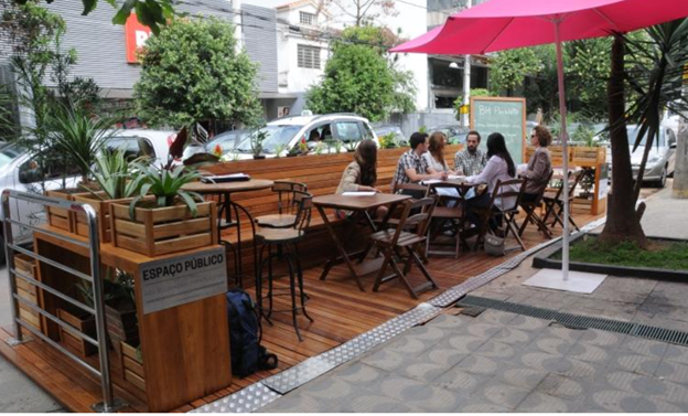 Parklet example-showing people sitting streetside